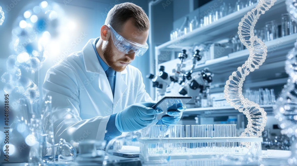 Poster scientist analyzing data in futuristic lab setting.