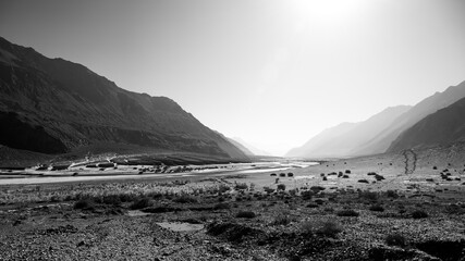 Black and white photo of Shyok River scenic spot on the tourist route of Le Ladakh, India.