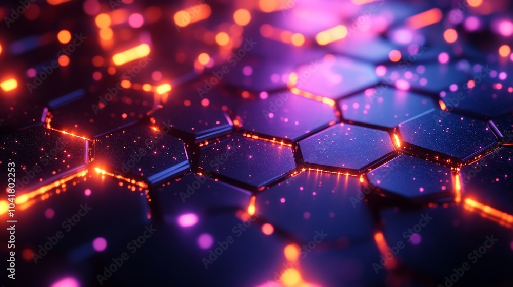 Aufkleber Intricate hexagonal shapes are illuminated with vibrant orange and purple lights, creating a striking visual effect on a dark surface at night. The pattern enhances a sense of depth and energy.