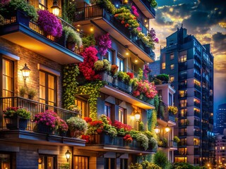 Obraz premium Colorful Apartment Balconies at Night - Vibrant Urban Landscape Photography