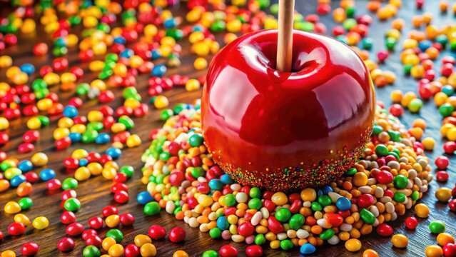A bright red candy apple sits atop a bed of colorful candy on a wooden surface