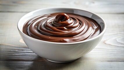 Closeup of a white bowl filled with rich, swirling chocolate ganache on a wooden surface