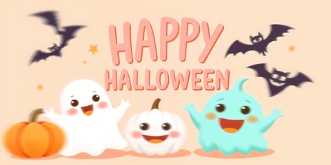 This adorable illustration features friendly ghosts, a smiling pumpkin, and playful bats, perfect for Halloween greetings and festive designs.
