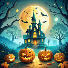 Fototapeta premium Halloween festive background featuring pumpkins, candy corn, ghost, cauldron, and black candy canes arranged on a black surface