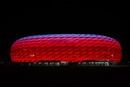 Football stadium at night and red light in long exposure in Munich, Germany