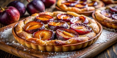 A freshly baked plum tart, dusted with powdered sugar, sits on a rustic wooden board, surrounded by plump plums and a light dusting of flour.