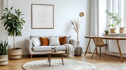 Modern Living Room Design with White Sofa, Wooden Table & Plants