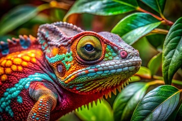 Obraz premium Colorful Chameleon Camouflaged in Tropical Foliage for Nature Photography