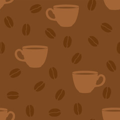Coffee seamless pattern. Silhouettes of coffee beans and cups on a brown background. Vector simple flat illustration.