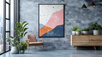Modern Living Room Design with Abstract Art, Plants, and Pendant Lights