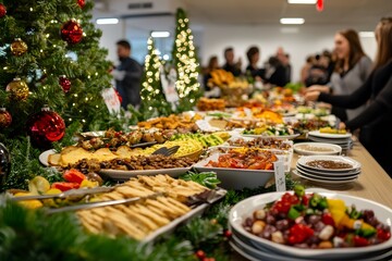 Vibrant office Christmas party with festive food spread, greenery, twinkling lights, and holiday decor