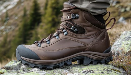 Brown hiking boot on rocky terrain with grass and trees in the background