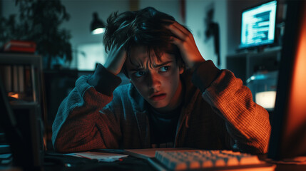 A teenager looking frustrated while working on a computer, messy desk, low light with a focus on the face, expressive hands holding the head, showing feelings of overwhelm and stress