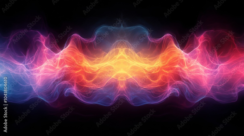 Poster A vibrant display of swirling colors forms a striking abstract wave pattern, featuring glowing lines in shades of orange, pink, and blue on a black background.
