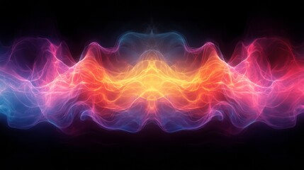 A vibrant display of swirling colors forms a striking abstract wave pattern, featuring glowing lines in shades of orange, pink, and blue on a black background.