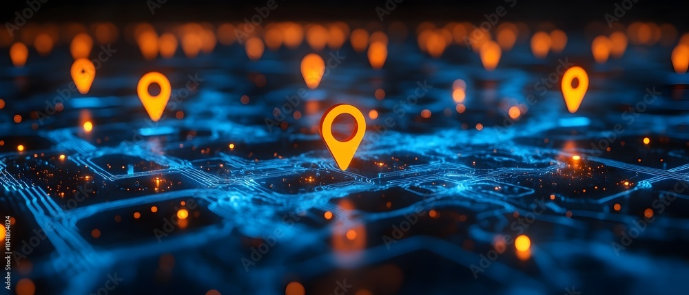 Aufkleber digital grid with connected nodes and orange markers on illuminated blue background concept of