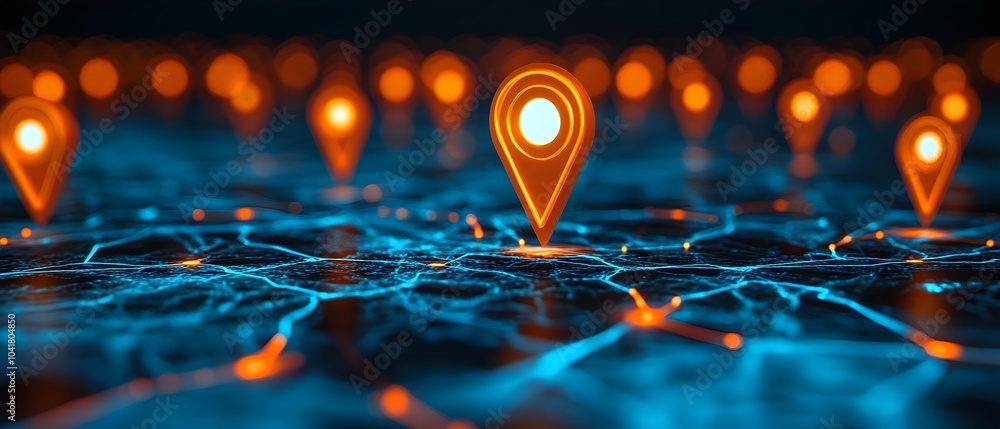 Aufkleber digital grid with connected nodes and orange location markers on illuminated blue background