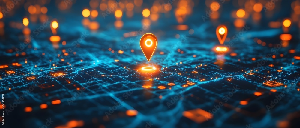 Poster interconnected digital grid with orange location markers on illuminated blue background