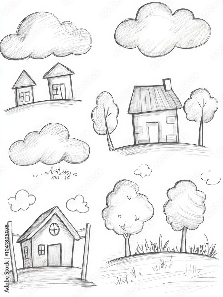 Poster a collection of quick pencil sketches featuring clouds, trees, and houses arranged artistically in a