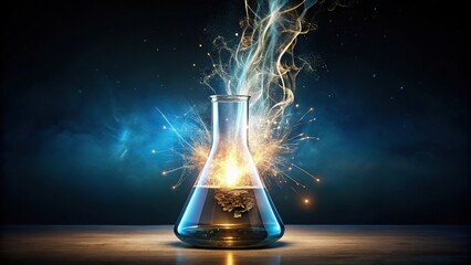 Chemical beaker with electric sparks on dark background