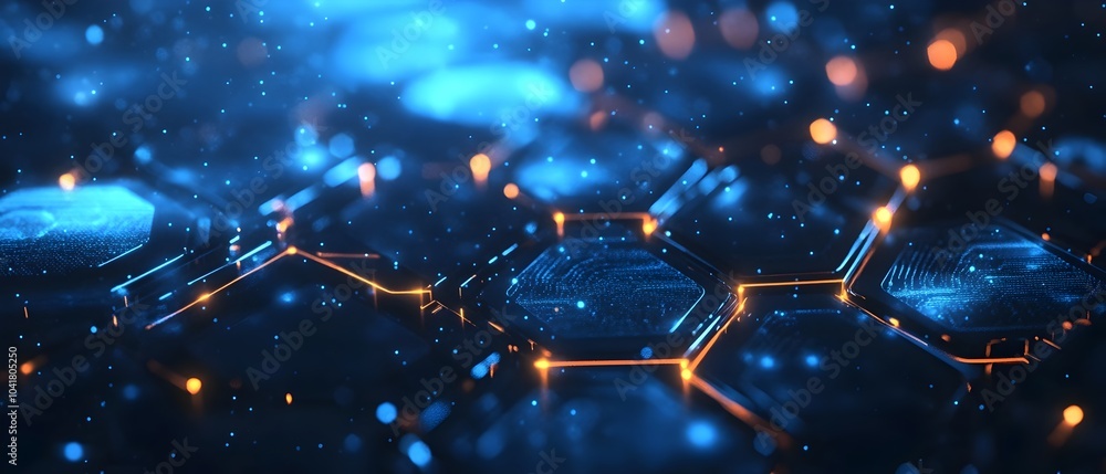 Poster glowing hexagonal geometric shapes reflecting a futuristic technology concept in 3d rendering