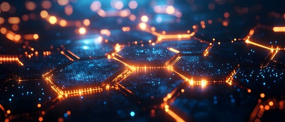 Obraz premium Glowing Hexagonal Geometric Shapes on Dark Blue Background Reflecting Technology Concept 3D