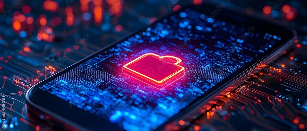 Poster cybersecurity smartphone with futuristic digital circuit background