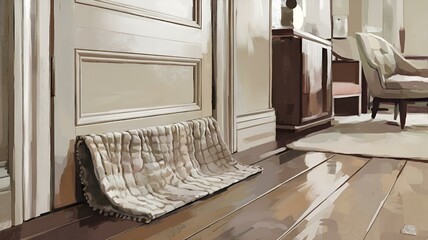 Home interior scene with cozy atmosphere featuring a door mat on a wooden floor