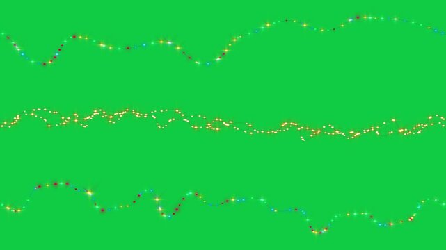 fairy colorful christmas string lights glowing on green background, holiday new year and birthday shiny light animation, isolated loop motion design element