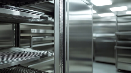 Obraz premium sleek refrigeration chamber designed for food storage, featuring stainless steel shelves and spacious interior. Ideal for maintaining freshness and organization in commercial kitchens