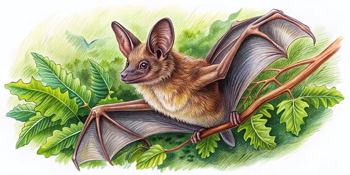 Colorful Hand-Drawn Illustration of Brown Longeared Bat in Natural Landscape Setting