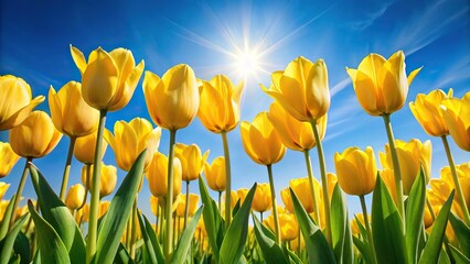 Bright yellow tulips with sun glare on blue sky background