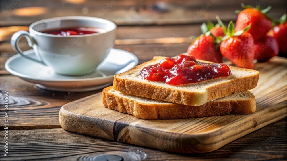 Aufkleber a rustic wooden table setting with a simple breakfast of two slices of toasted bread spread with hom