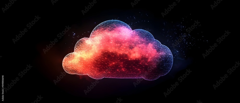 Poster bright digital cloud icon with wireframe design on dark background illustrating data storage and