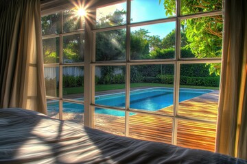 A serene view from a bedroom window showcasing a sunny poolside with lush greenery.