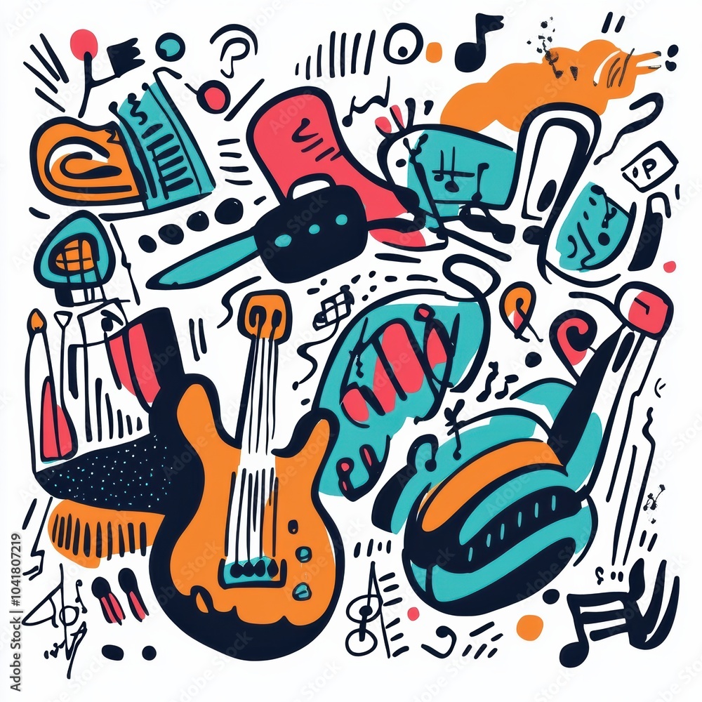 Poster Colorful doodles showcase various musical instruments, notes, and sound waves in a dynamic and playful artistic arrangement, celebrating music. Generative AI