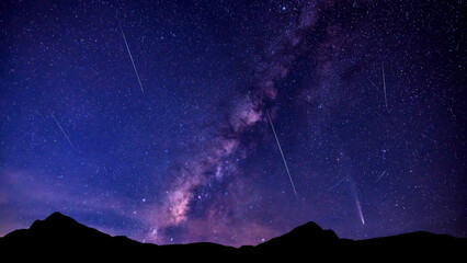 Milky way ,meteor stars with Comet tail in the sky, night landscape. Comet surrounded by stars in...