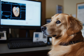 golden retriever sits attentively in cardiologists office, observing heart scan on computer screen. atmosphere is calm and focused, highlighting dogs curiosity and intelligence