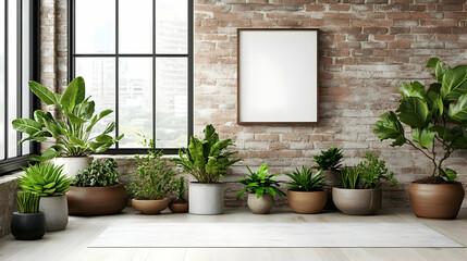 Modern Home Decor with Plants and a Blank Canvas on Brick Wall