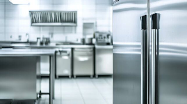 modern kitchen featuring well organized refrigeration chamber, showcasing stainless steel appliances and clean, professional environment. space is designed for efficiency and functionality