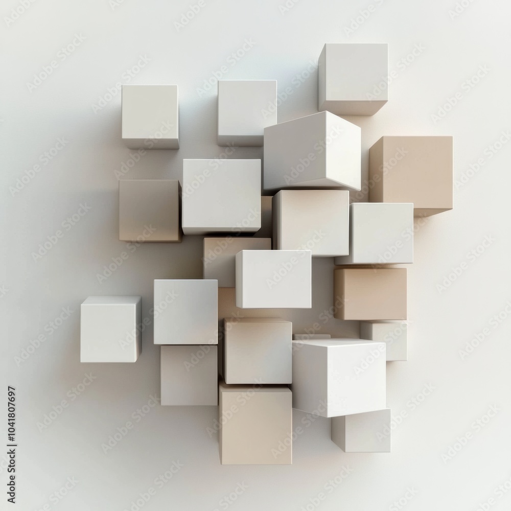Poster an artistic display of multiple geometric cubes in different sizes and shades, interconnected by dia