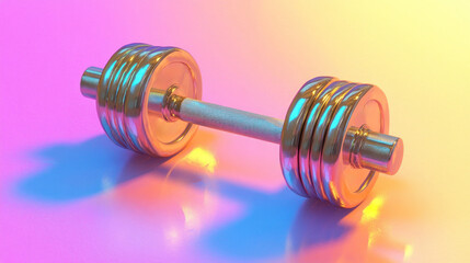 Glossy dumbbell with colorful gradient background.