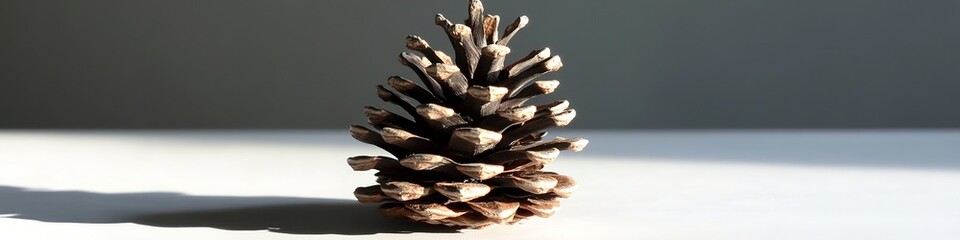 Pine cone in sunlight with long shadow on neutral surface