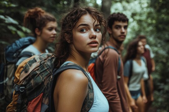 A group of young hikers exploring a lush forest. They carry backpacks and show excitement. Nature adventure is calling them. Enjoy the outdoor journey together. Generative AI