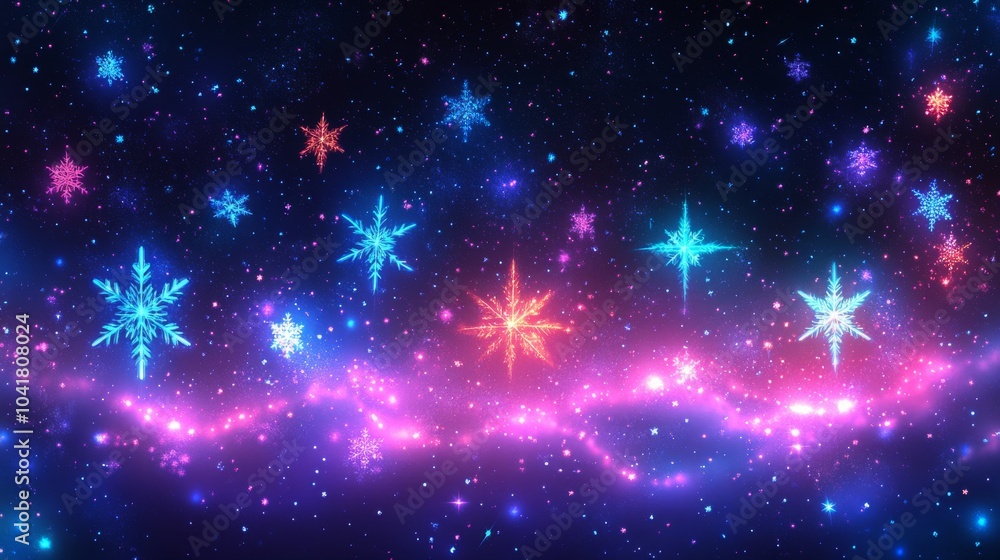 Poster neon purple stars and lime on a cosmic background create a vibrant and mesmerizing pattern