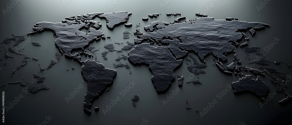 Poster monochrome 3d world map with reflective dark background highlighting modern mapping technique