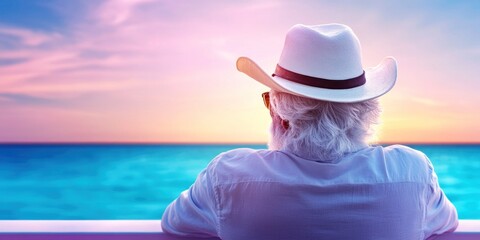 Bearded man watches a vivid sunset at ocean's edge