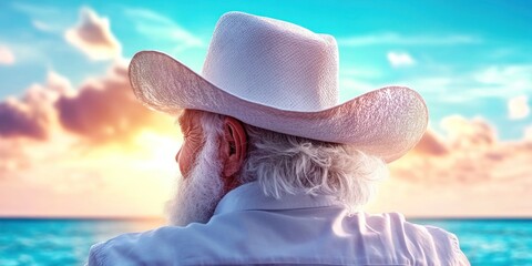 Old man with hat enjoying scenic sunset at beach