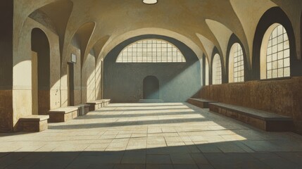 Fototapeta premium Empty gymnasium with stone benches and sunlight filtering through archways casting shadows