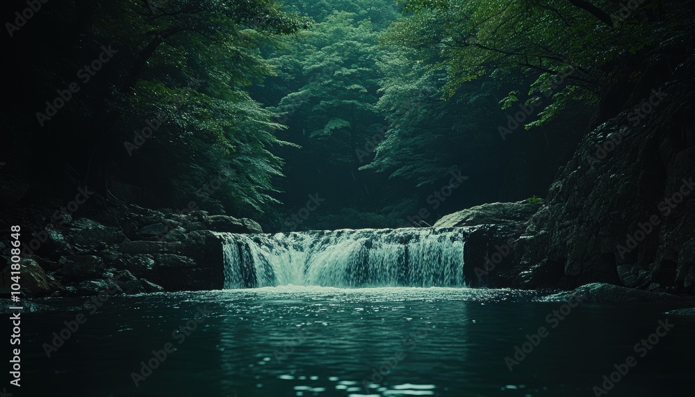 Poster serene waterfall cascading into a tranquil pool surrounded by lush greenery